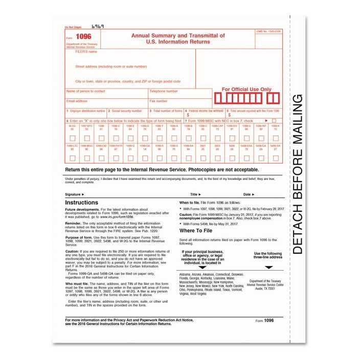 TOPS 1096 Tax Form