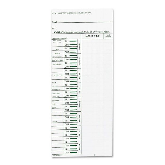 ACP096103080 Acroprint Time Card for Model ATT310 Electronic Totalizing Time Recorder 