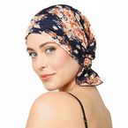 Buy Chemo Beanies Audrey Navy Floral Pleated Knit Head Scarf