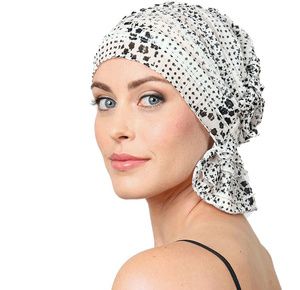 Chemo Beanies Reagan White with Black Floral Ruffle