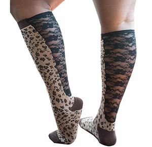 Xpandasox Plus Size Cotton Blend Leopard With Lace Knee Socks