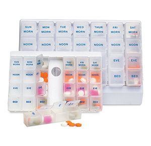 Group Medical Supply 4 Times A Day Weekly Slant Tray Pill Organizer -  Includes 7 Removable Pill Boxes (Blue) 