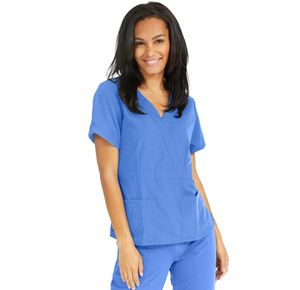 Medline Park Ave Womens Stretch Fabric Mock Wrap Scrub Top - Ceil Blue