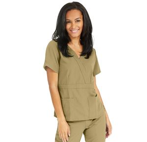 Medline Park Ave Womens Stretch Fabric Mock Wrap Scrub Top - Khaki