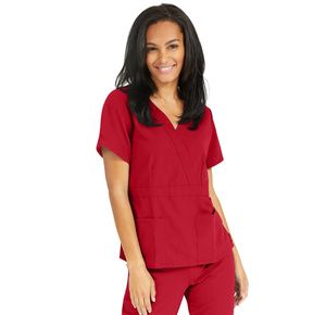 Medline Park Ave Womens Stretch Fabric Mock Wrap Scrub Top - Red