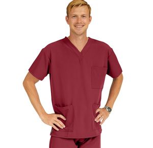 Medline Madison Ave Unisex Stretch Fabric Scrub Top with 3 Pockets - Wine