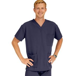 Medline Madison Ave Unisex Stretch Fabric Scrub Top with 3 Pockets - Navy