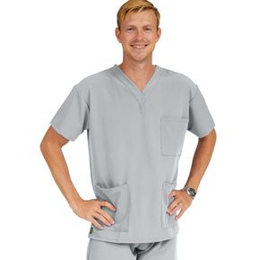 Medline Madison Ave Unisex Stretch Fabric Scrub Top with 3 Pockets - Light Gray