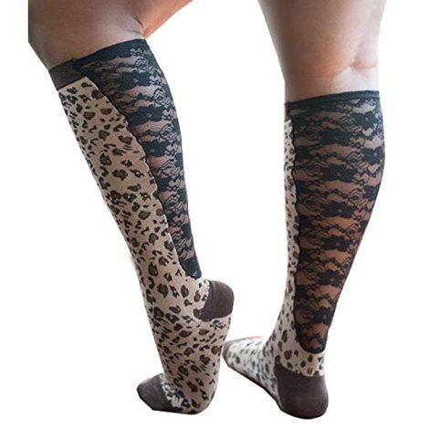 Xpandasox Plus Size Cotton Blend Leopard With Lace Knee Socks