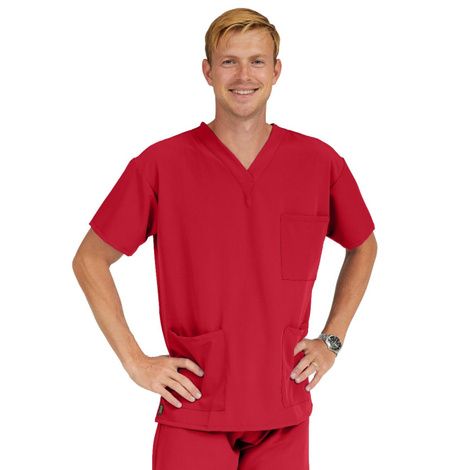 Medline Madison Ave Unisex Stretch Fabric Scrub Top with 3 Pockets - Red