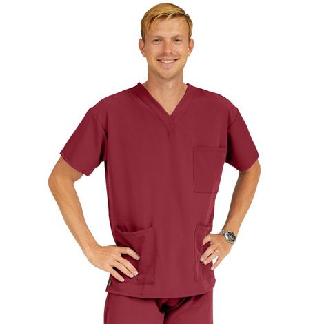 Medline Madison Ave Unisex Stretch Fabric Scrub Top with 3 Pockets - Wine