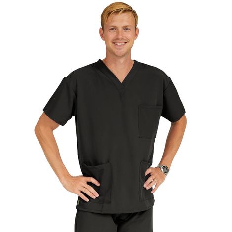 Medline Madison Ave Unisex Stretch Fabric Scrub Top with 3 Pockets - Black